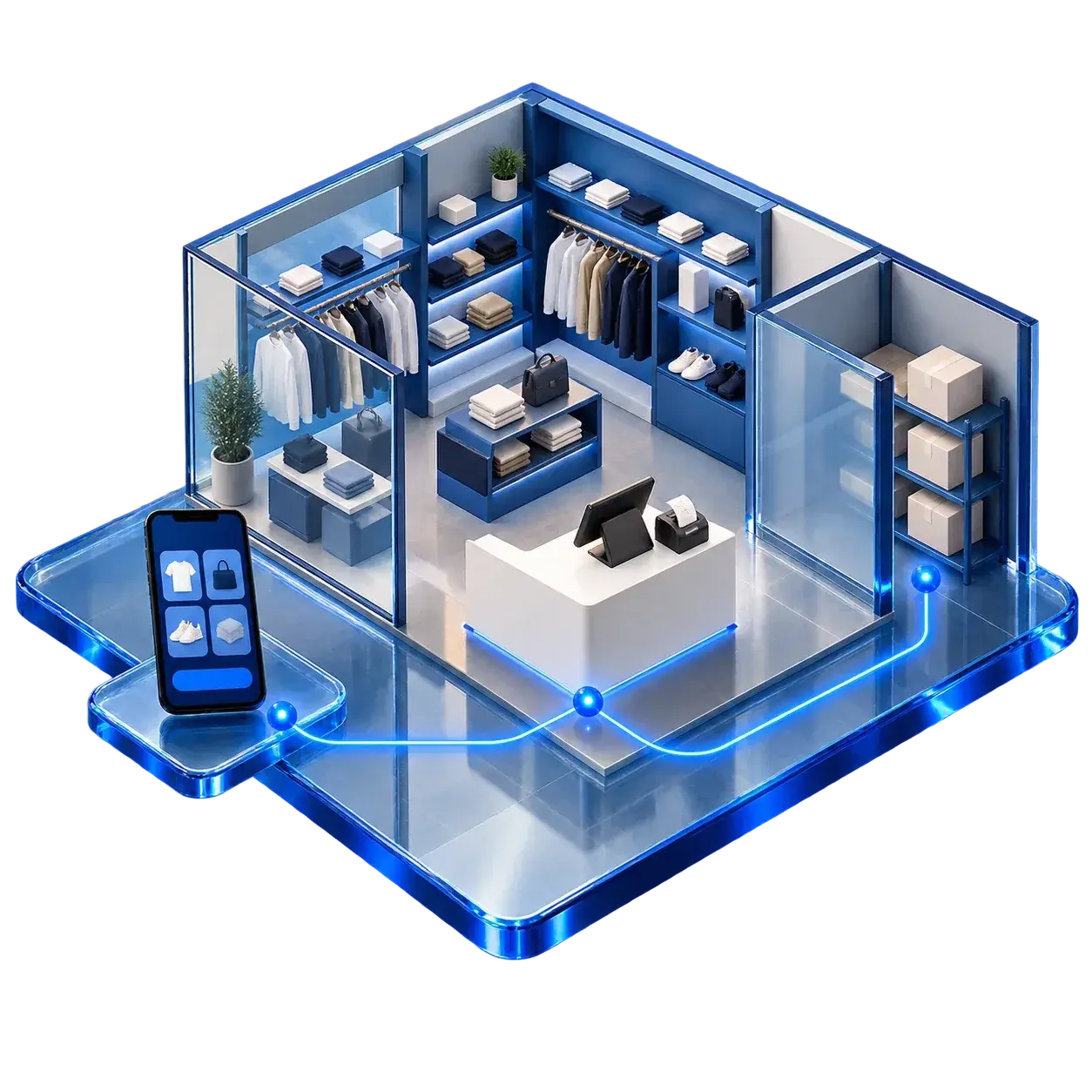 Isometric store with POS, warehouse and online sales